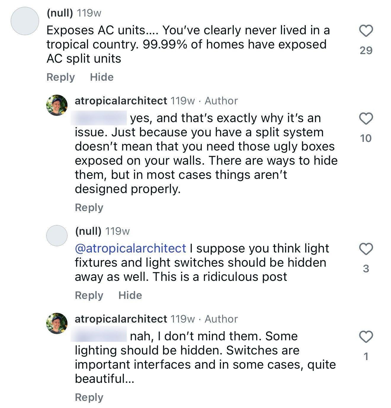 Screenshot of an Instagram comment thread arguing about exposed AC units