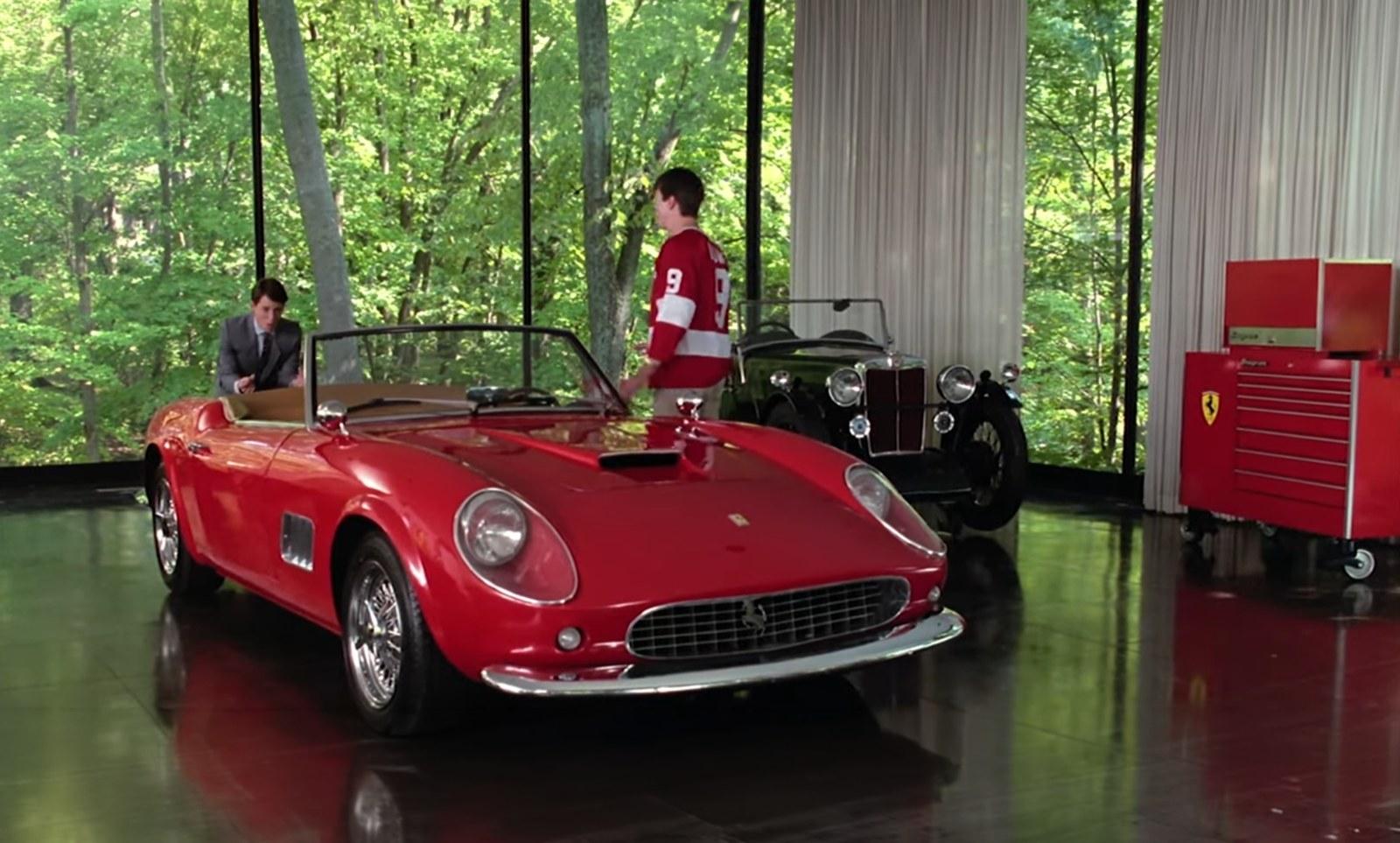 The glass pavilion at the Ben Rose House with the red Ferrari, from Ferris Bueller's Day Off