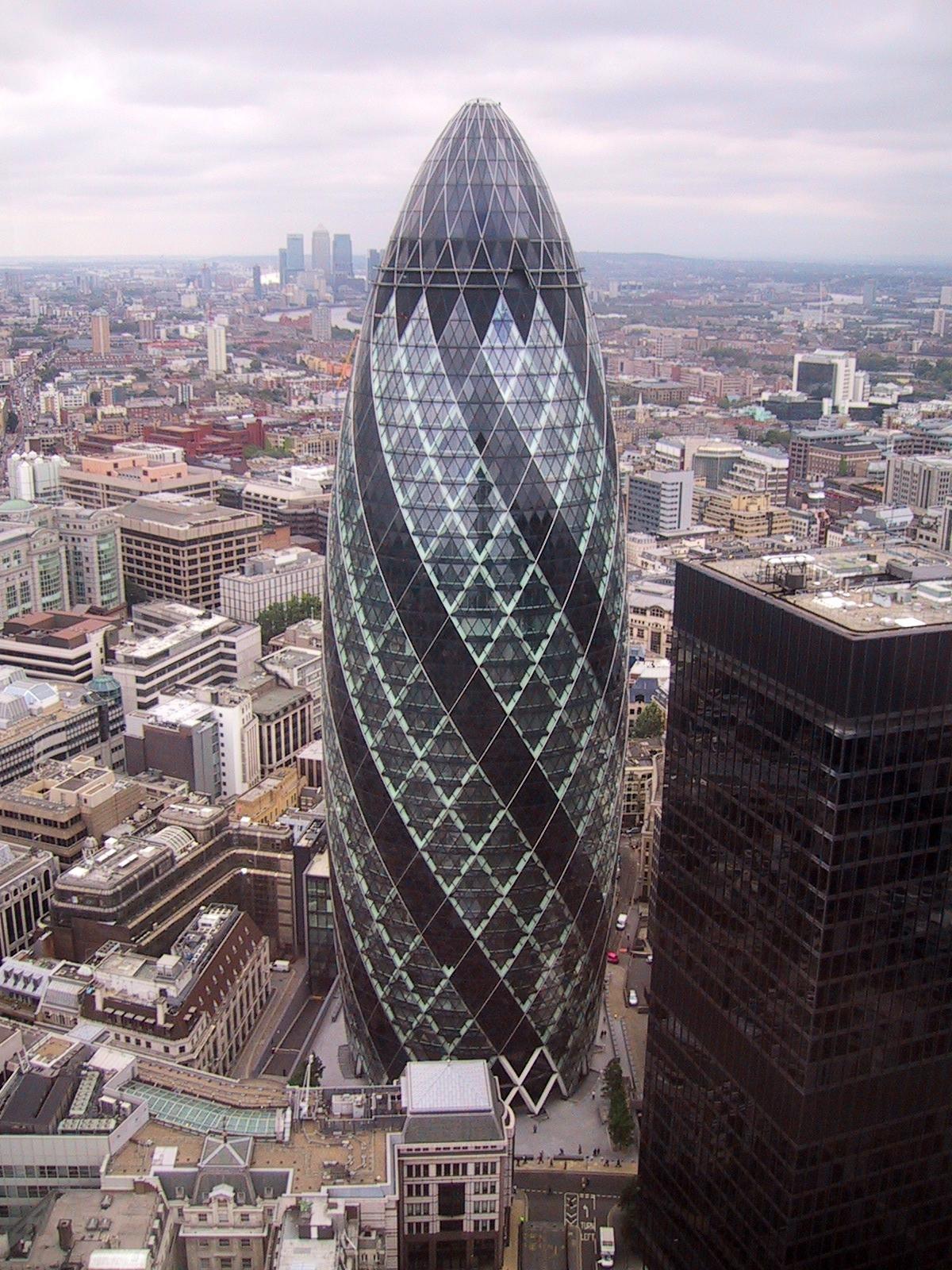 30 St Mary Axe, the Gherkin, seen from above with the City of London around it