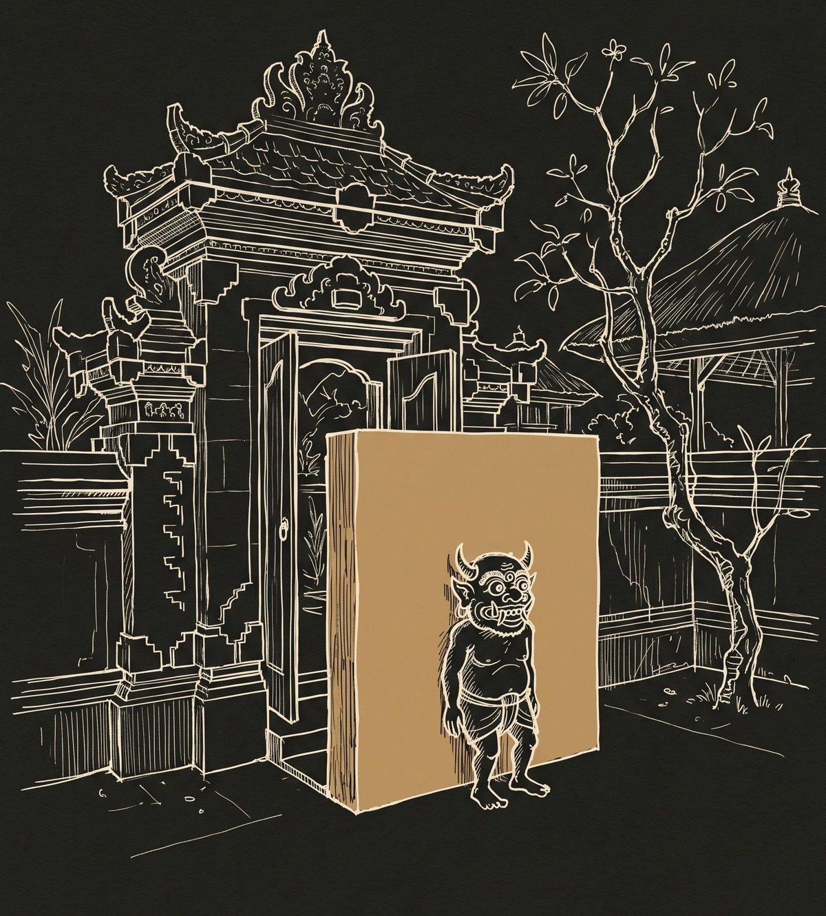 Sketch of a Balinese gate with a demon stopped by the short wall just inside it
