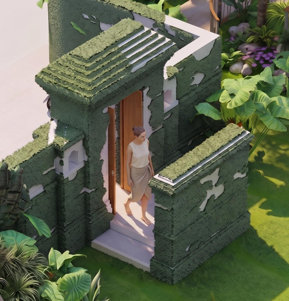 Rendering of a gate with timber doors and a stacked stone roof, a woman stepping down into the garden towards a wall