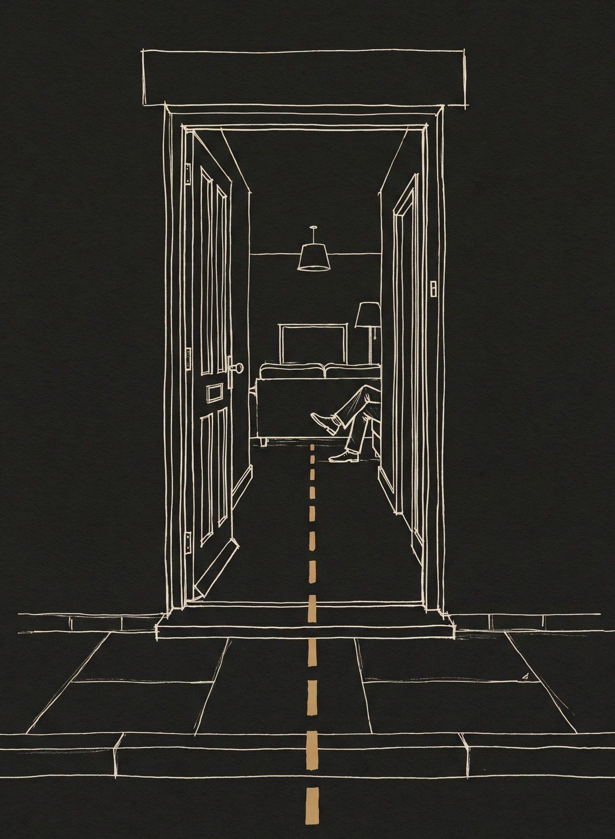 Sketch looking from the street through an open front door, straight down a hallway to a person on a sofa
