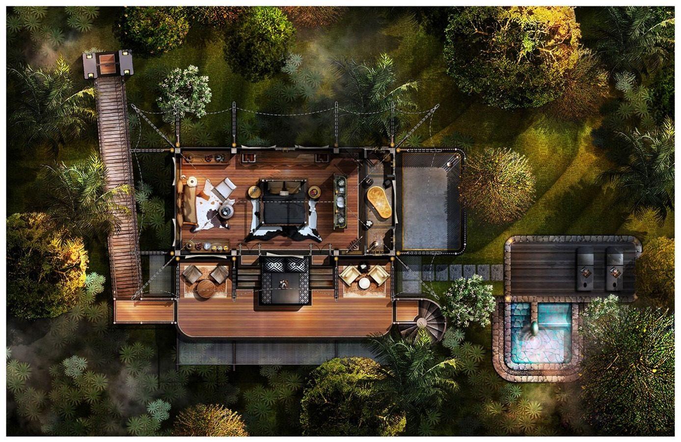 Floor plan of a Capella Ubud tent: bedroom first, then wardrobe, then the bathroom at the far end