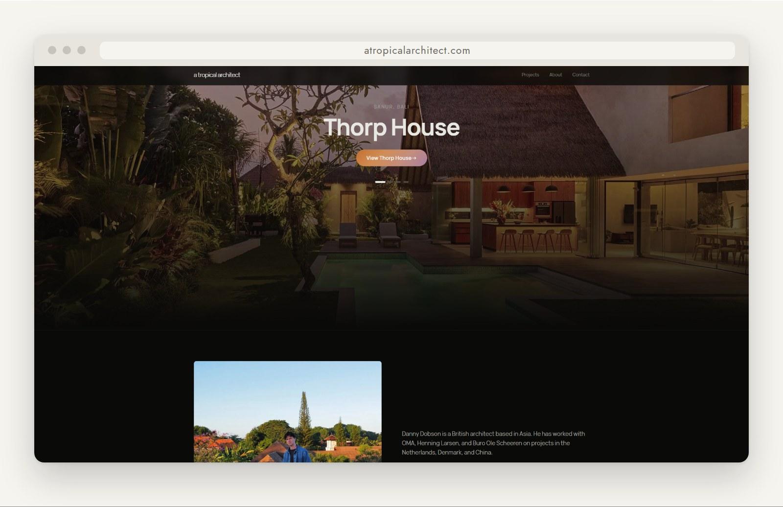The atropicalarchitect.com homepage showing Thorp House