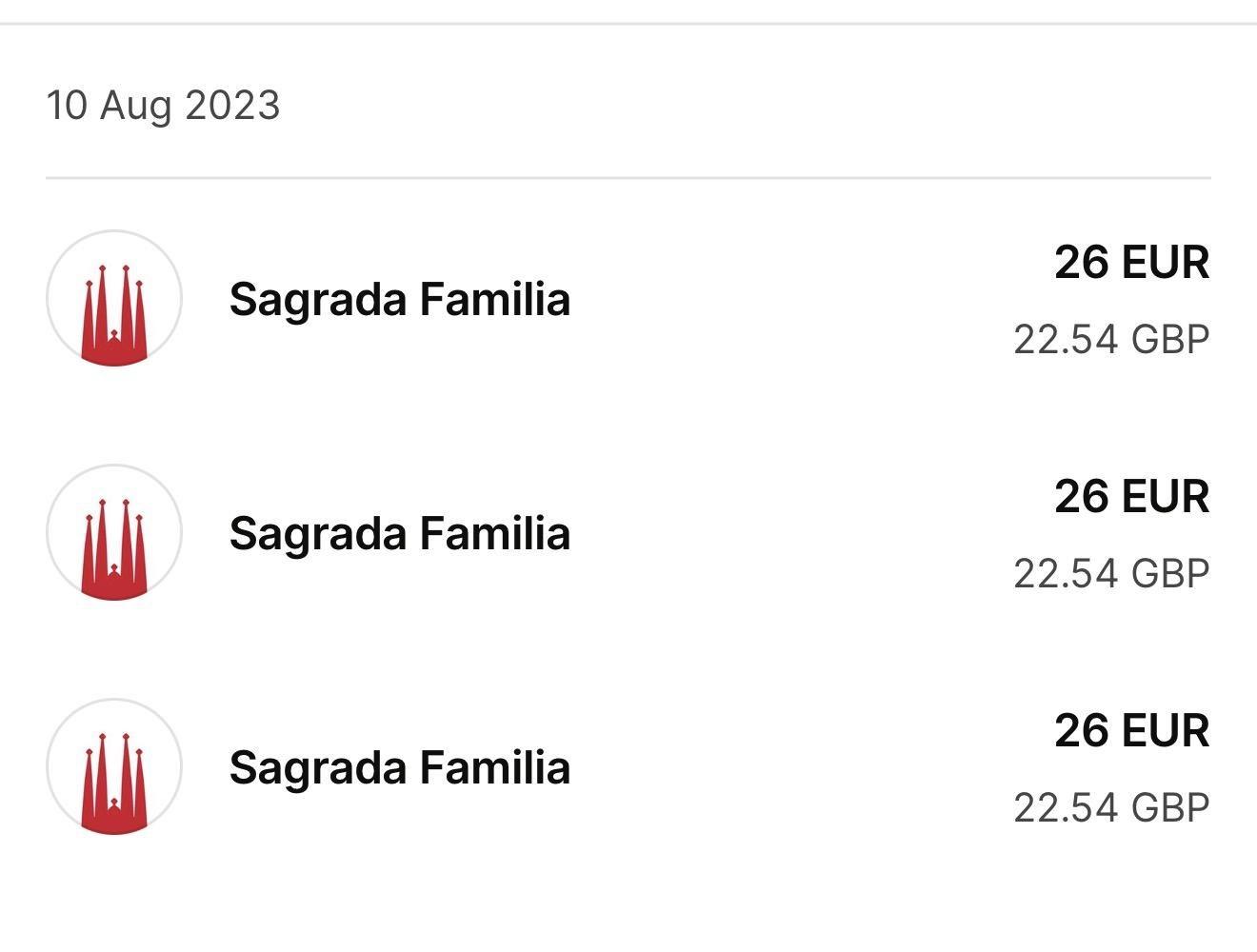Bank statement showing three charges to Sagrada Família on 10 August 2023