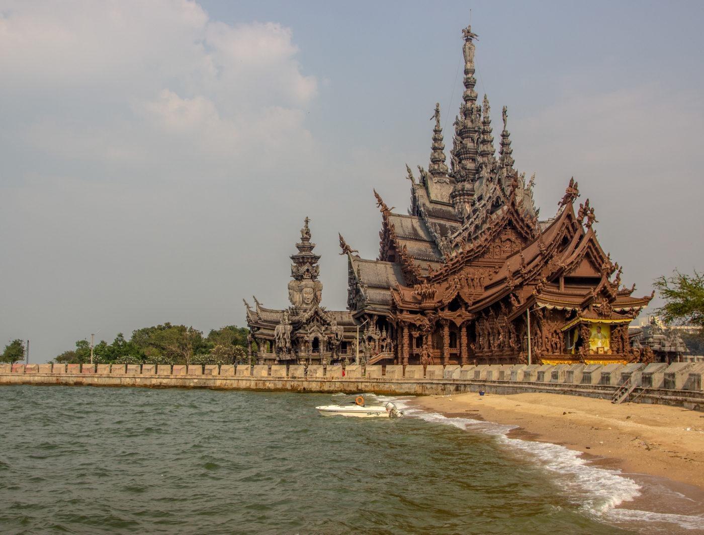 The Sanctuary of Truth in Pattaya, hand-carved timber, seen from the beach