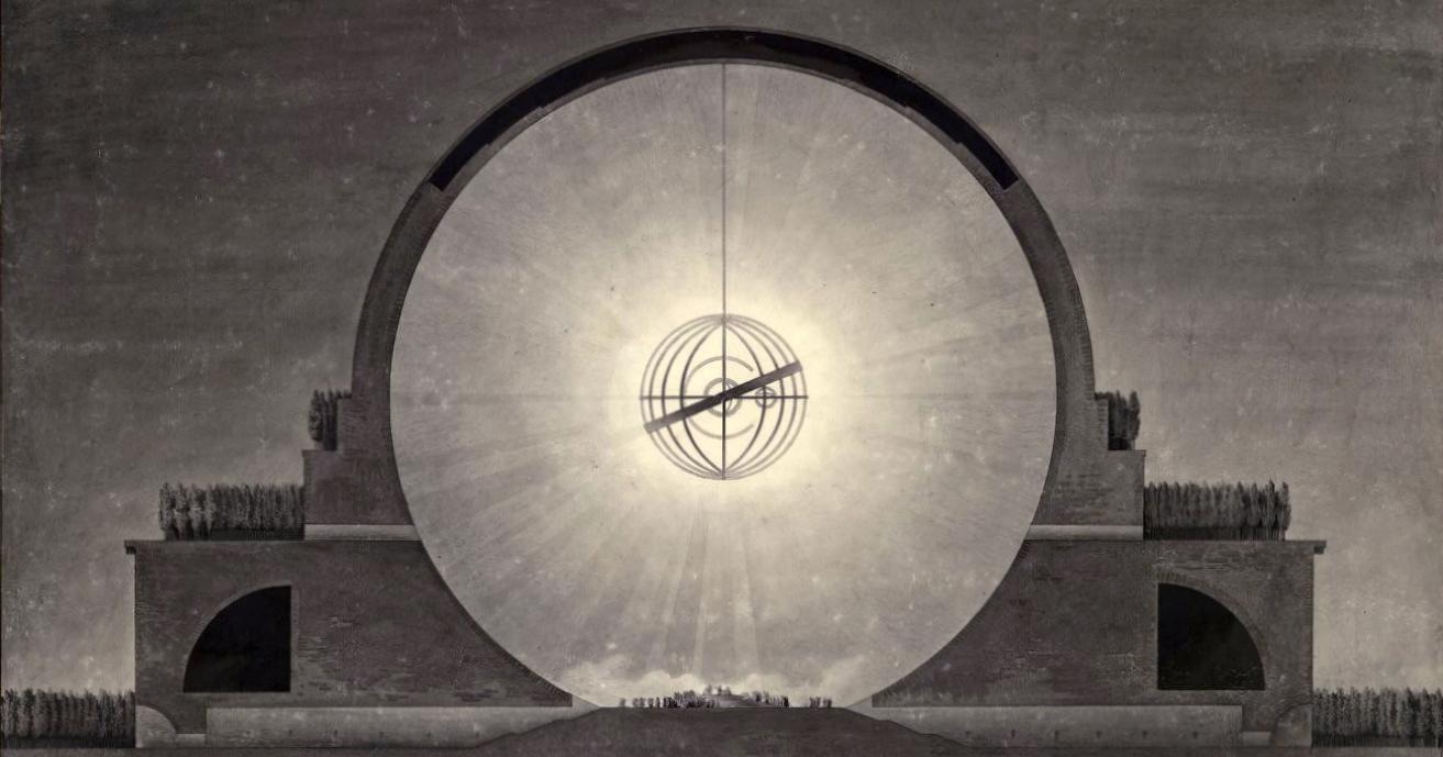 Étienne-Louis Boullée's section drawing of the Cenotaph for Isaac Newton, a hollow sphere lit from within