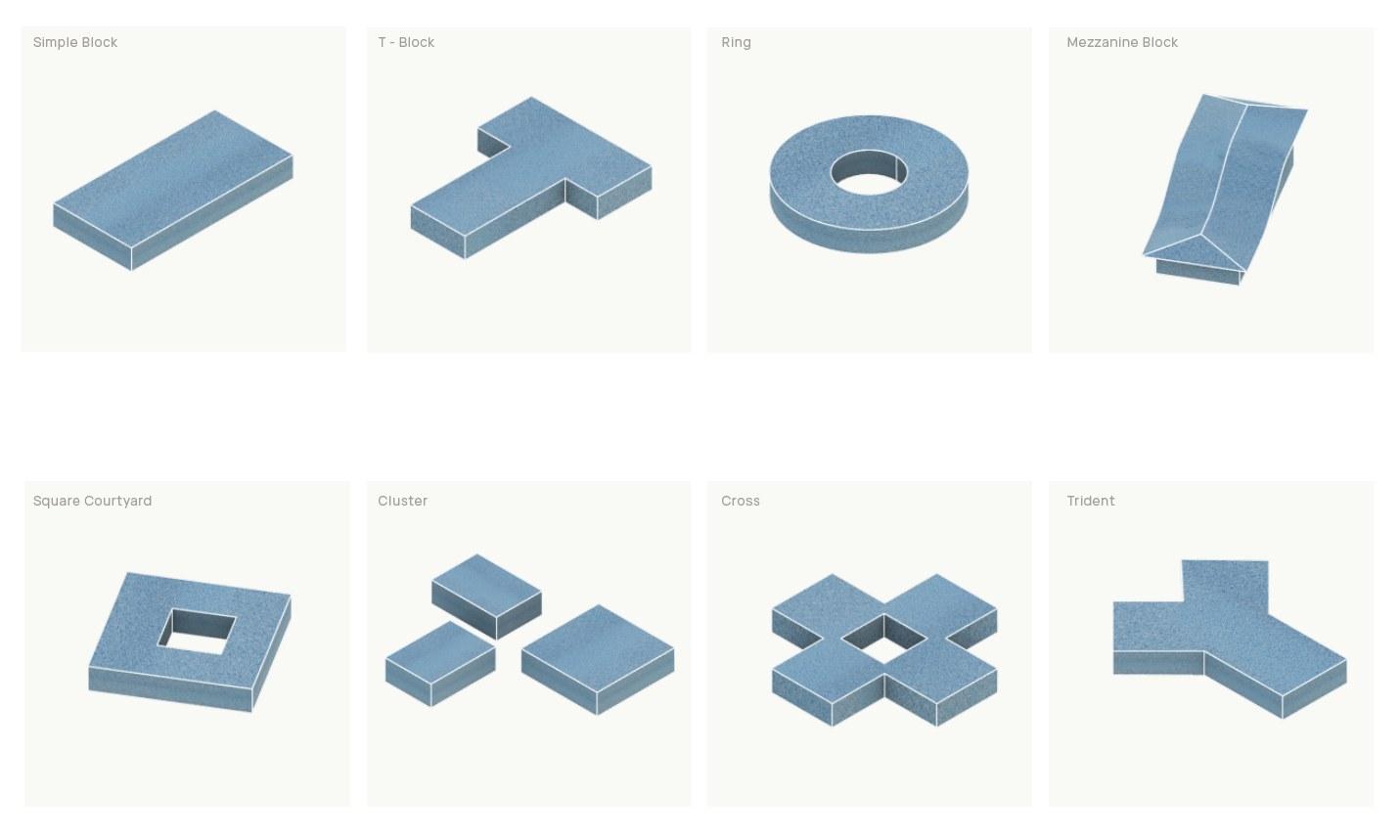 Eight massing options drawn as blue blocks: simple block, T-block, ring, mezzanine block, square courtyard, cluster, cross, trident