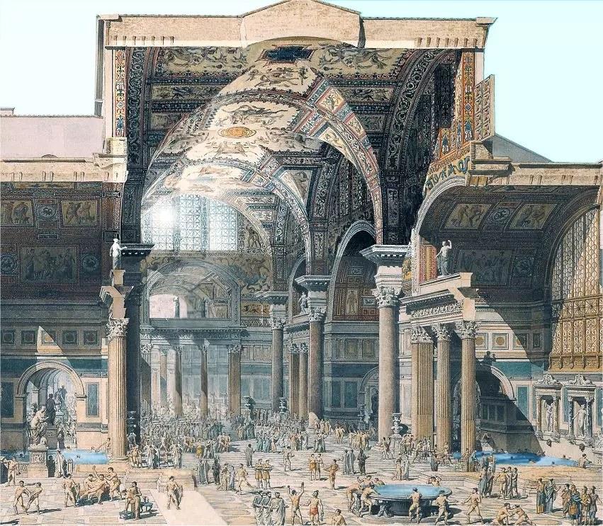 Reconstruction painting of the frigidarium at the Baths of Caracalla