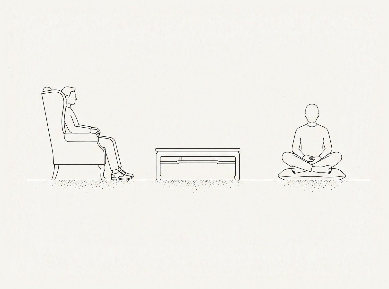 Line drawing comparing a chair-height room with a floor-level room