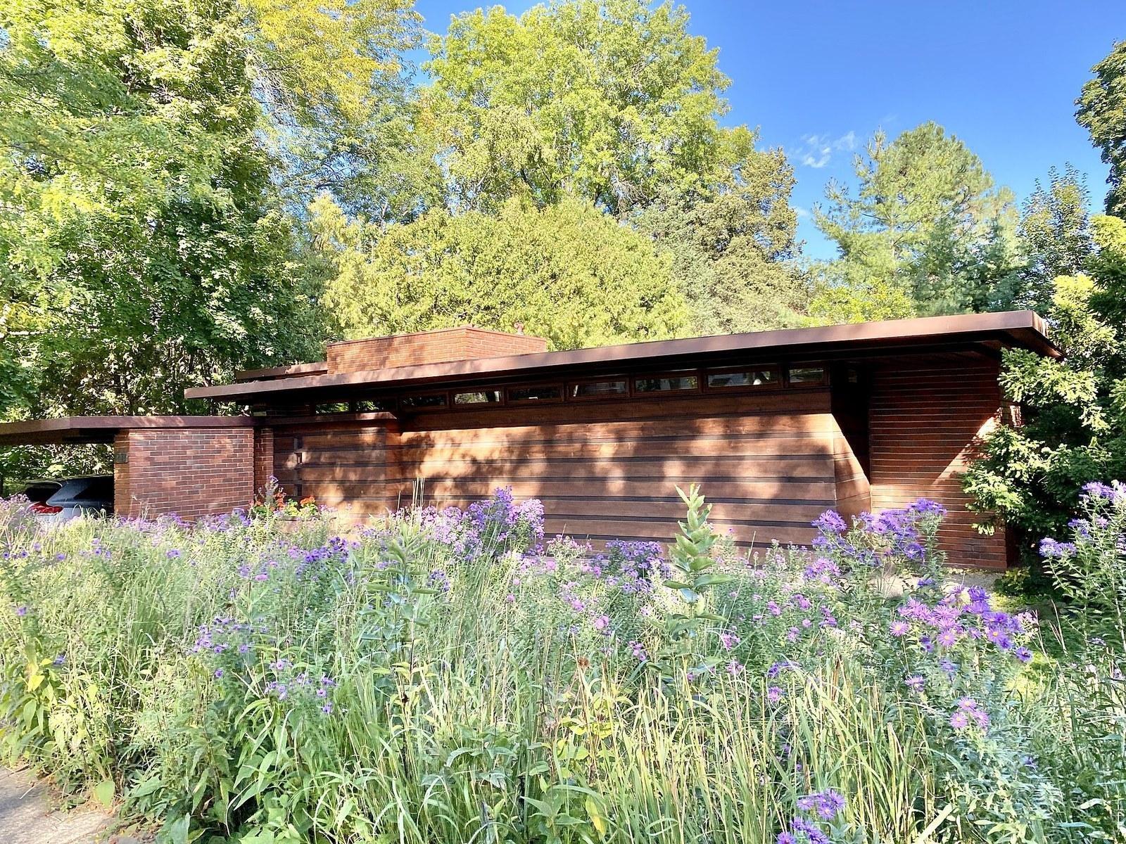 The Jacobs House by Frank Lloyd Wright in Madison, Wisconsin, brick and horizontal timber behind a wildflower meadow