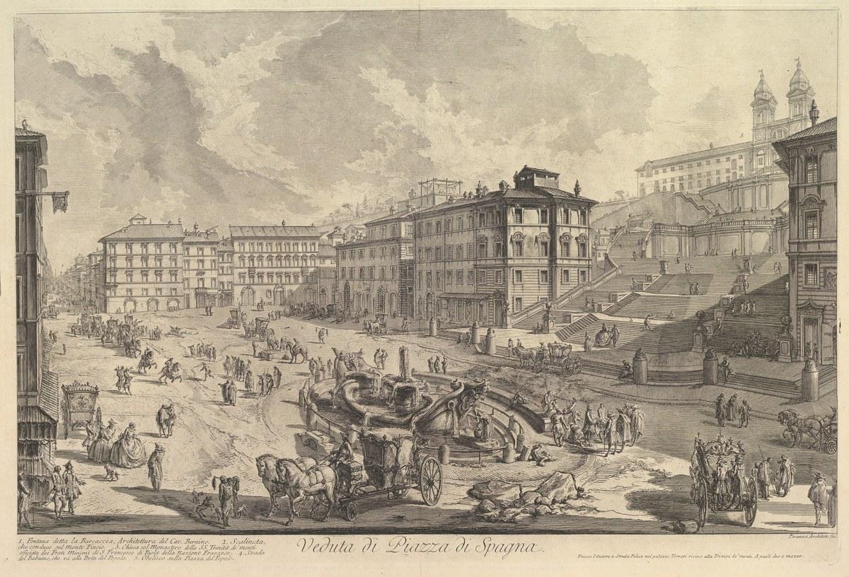 An eighteenth-century etching of the Piazza di Spagna, with the Spanish Steps rising to the church at the top of the hill