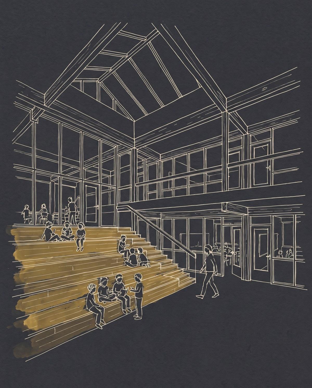 Sketch of a school hall with children sitting in groups on wide steps at its centre