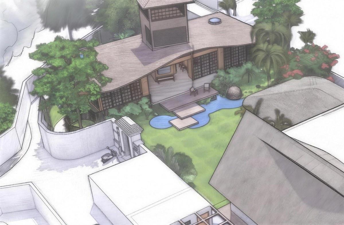 Aerial drawing of a house with terraces stepping down from the veranda to a pond